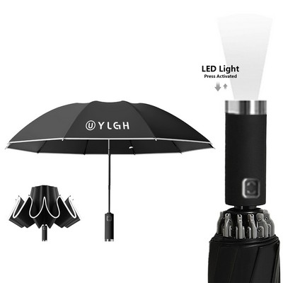 Reflective Foldable Auto Open Inverted Umbrella w/ Flashlight